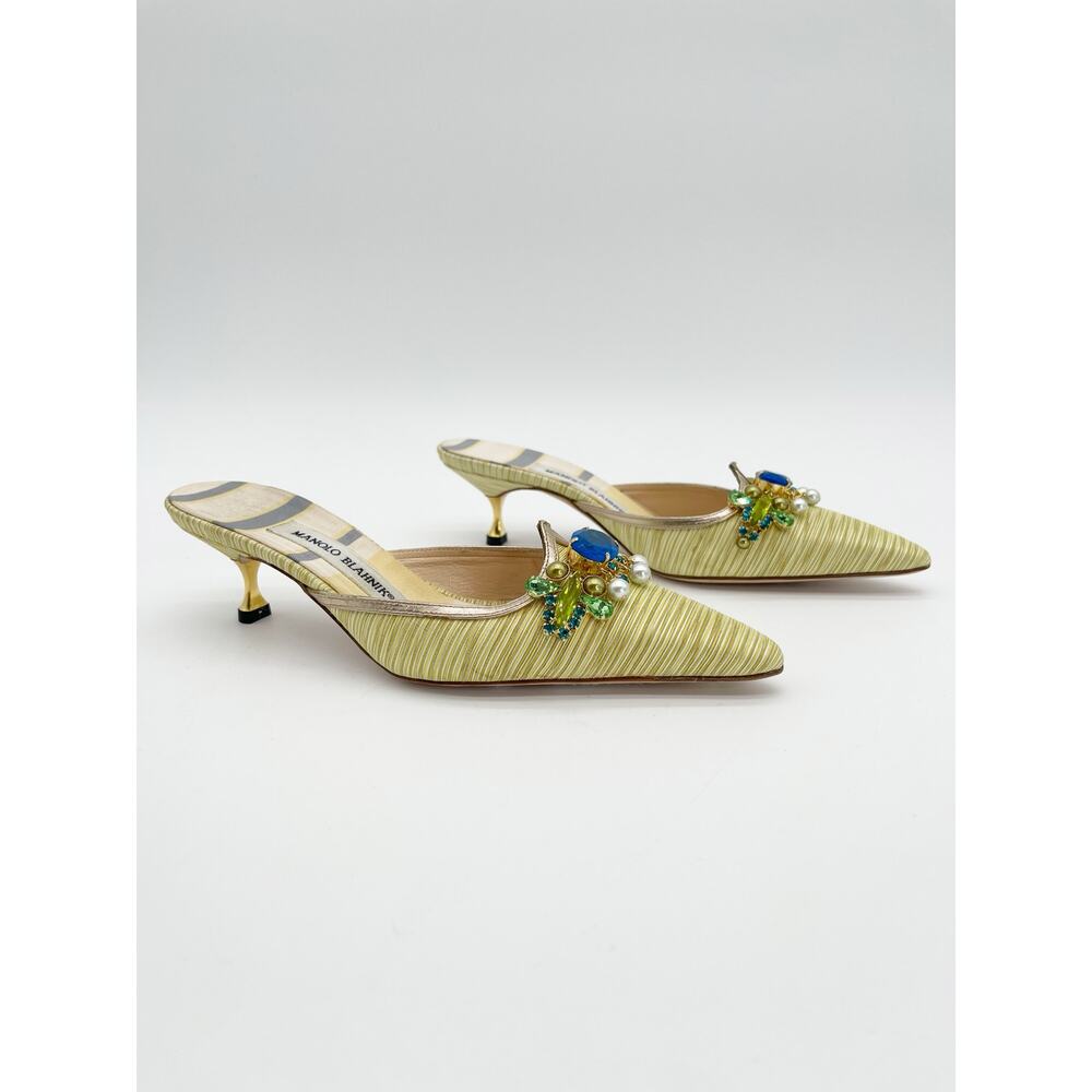 Manolo Blahnik Retro Green Striped Crystal Pointed Toe Kitten Heel Mules IT 36.5 - Picture 3 of 12